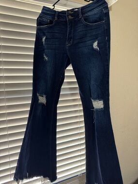 High-Rise Dark Indigo Distressed Flare Jeans